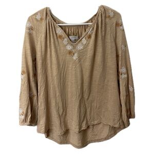 Cupio Boho Embroidered Peasant Blouse Medium Tan Floral V-Neck Cottagecore Top